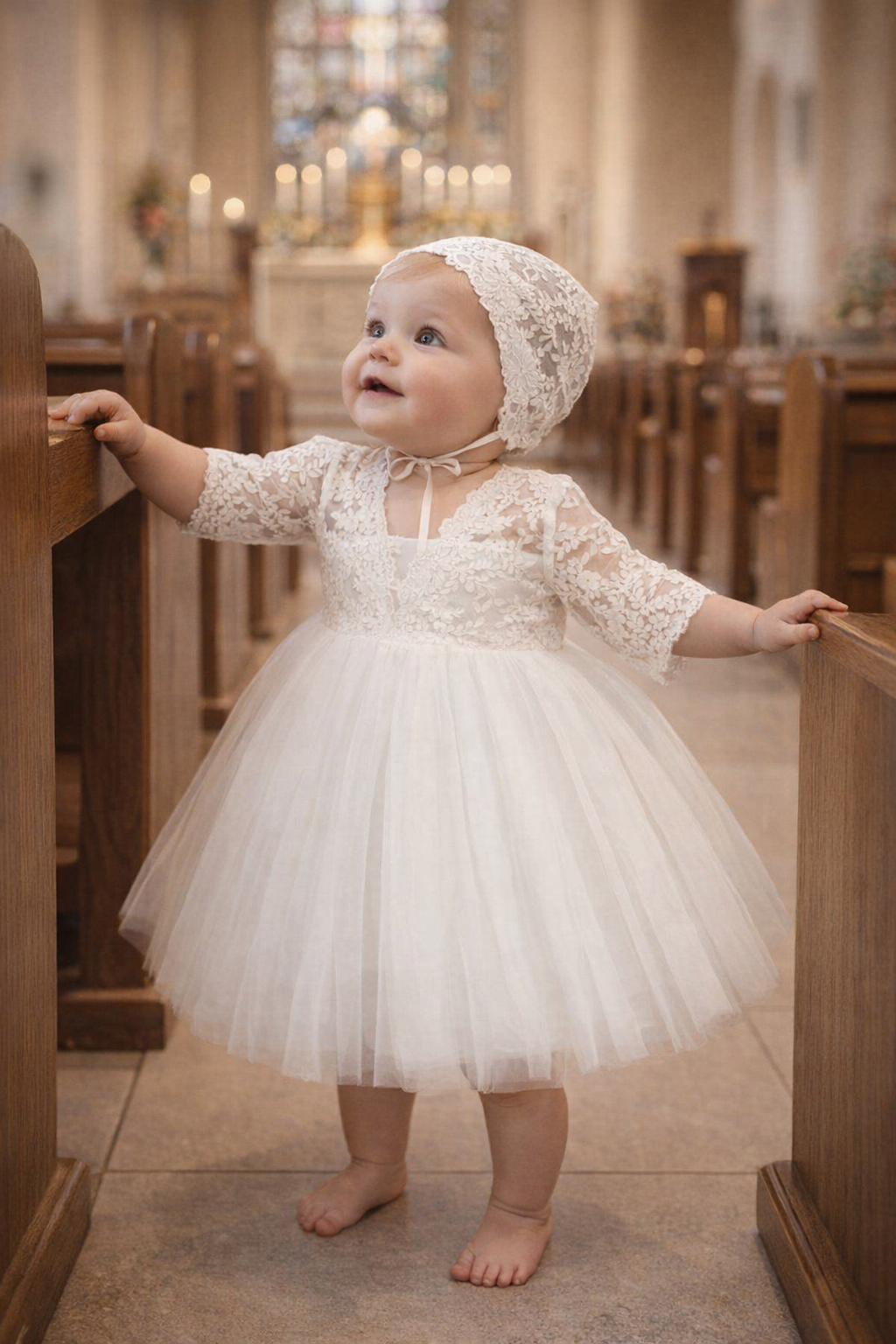 Baby Girl Baptism Dress – White Lace Christening Dress with Bonnet & Free Headband | First Birthday & Dedication Outfit