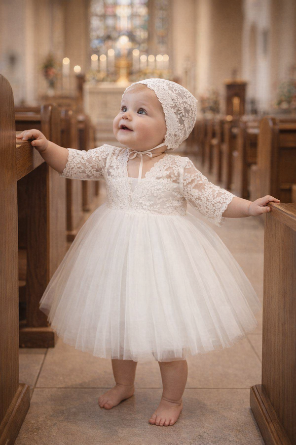 Baby Girl Baptism Dress – White Lace Christening Dress with Bonnet & Free Headband | First Birthday & Dedication Outfit
