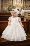 Angelic Christening/Baptism Gown With Removable Lace Overlay & Bonnet and Bow For Baby Girl