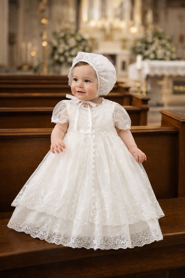 Angelic Christening/Baptism Gown With Removable Lace Overlay & Bonnet and Bow For Baby Girl