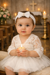 Baby Girl Baptism Dress – White Lace Christening Dress with Bonnet & Free Headband | First Birthday & Dedication Outfit
