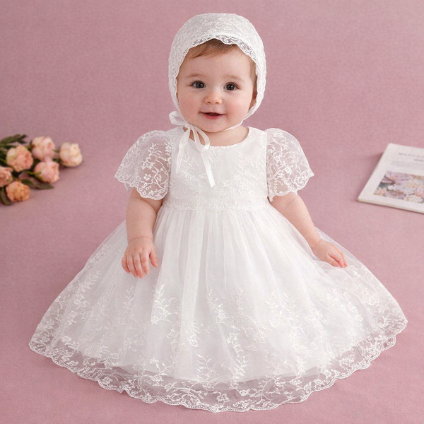 Elegant White Baby Dress for Special Occasions | Christening & Baptism Outfit, comes with bonnet and free socks