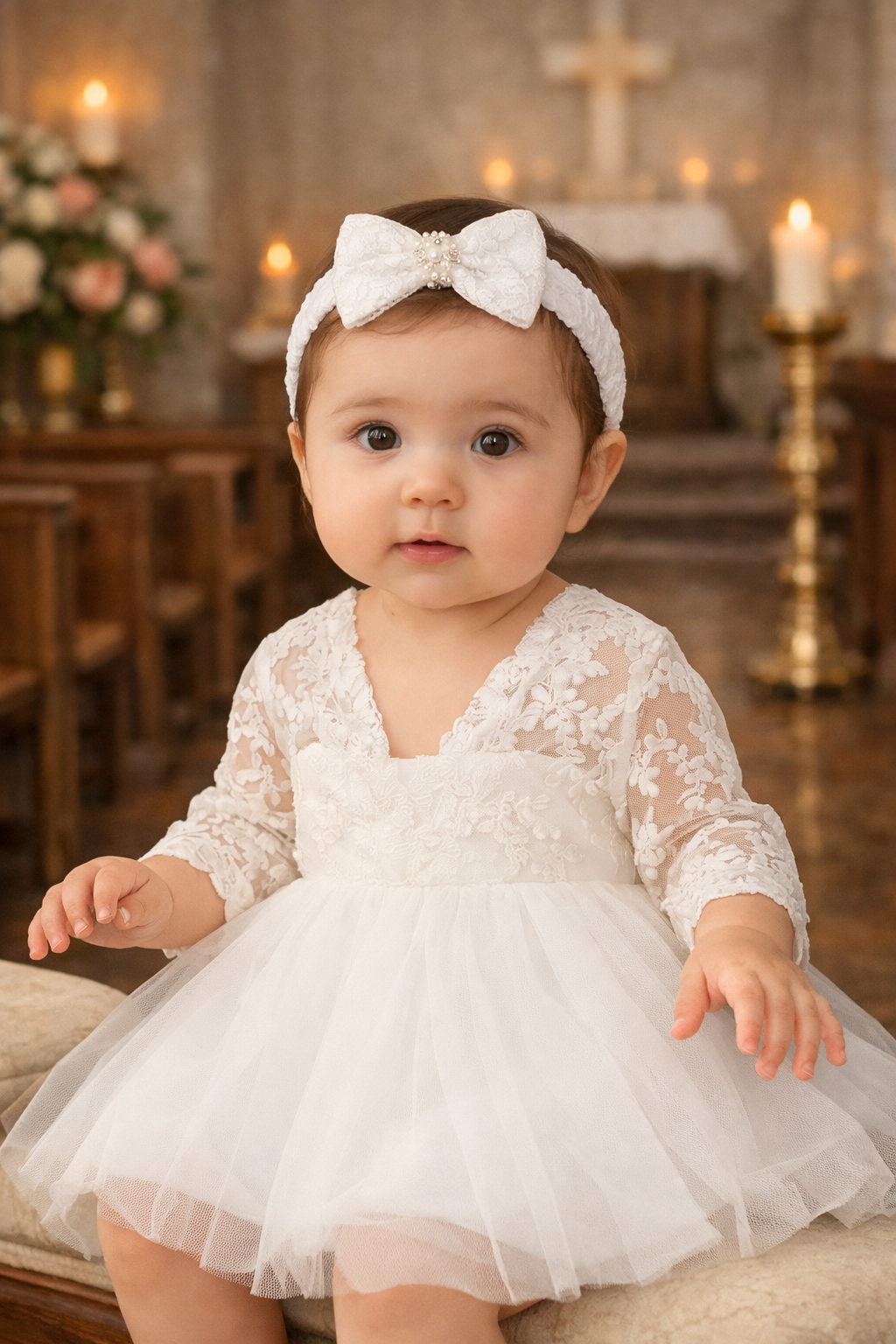 Baby Girl Baptism Dress – White Lace Christening Dress with Bonnet & Free Headband | First Birthday & Dedication Outfit