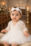 Baby Girl Baptism Dress – White Lace Christening Dress with Bonnet & Free Headband | First Birthday & Dedication Outfit