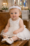 Baby Girl Baptism Dress – White Tulle Christening Gown with Floral Headband | First Birthday Dress