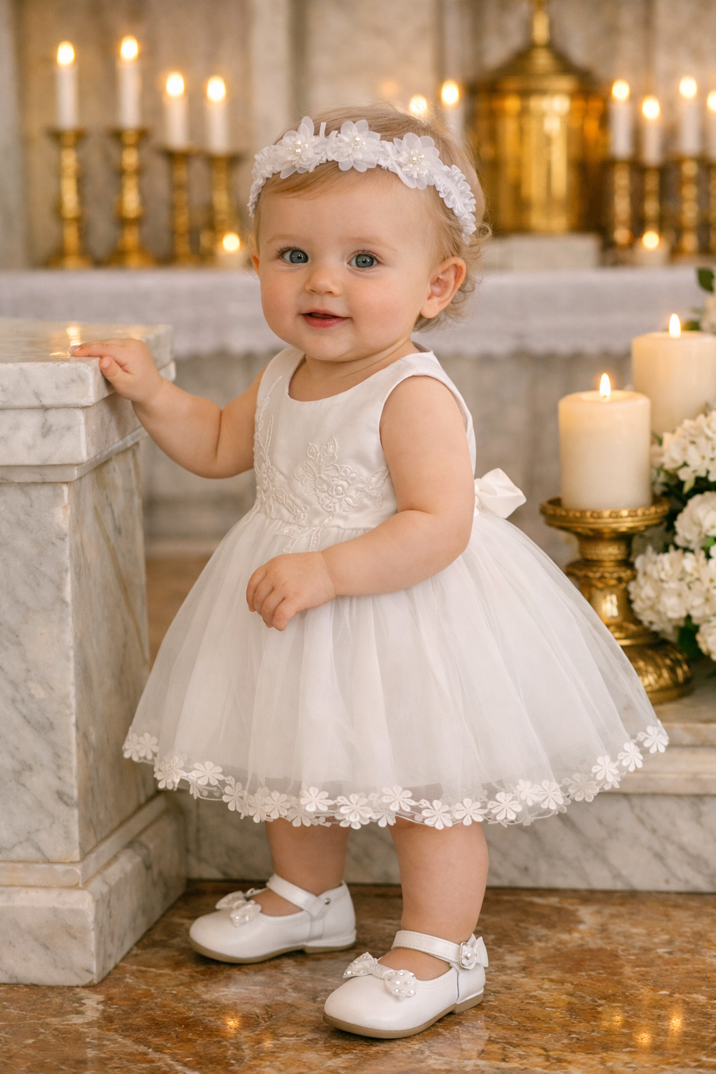 Baby Girl Baptism Dress – White Tulle Christening Gown with Floral Headband | First Birthday Dress