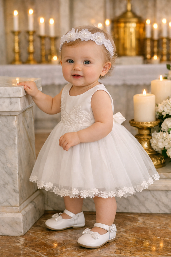 Baby Girl Baptism Dress – White Tulle Christening Gown with Floral Headband | First Birthday Dress