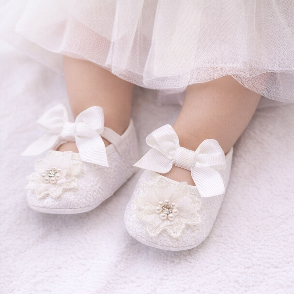 White Baby Girl Baptism Shoes - Lace Christening Shoes with Pearls & Bow