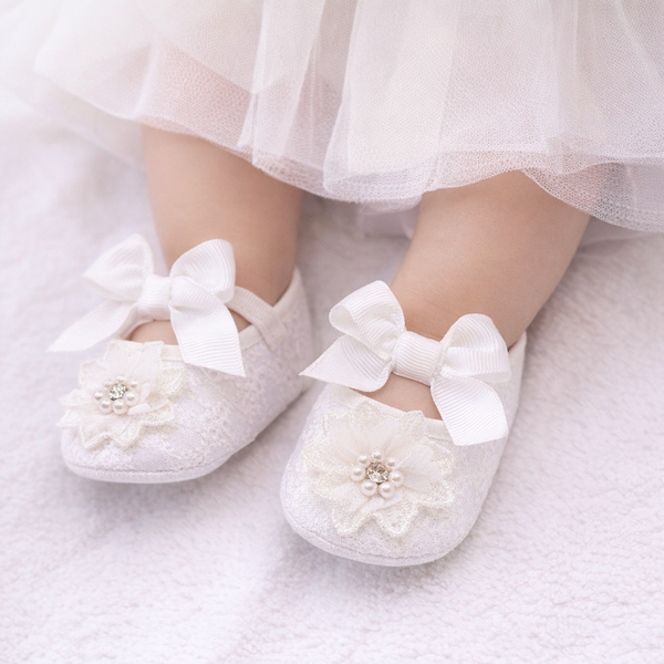 White Baby Girl Baptism Shoes - Lace Christening Shoes with Pearls & Bow