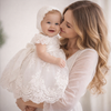 White Baby Girl Christening Dress – Lace Embroidered Baptism Gown with Bonnet