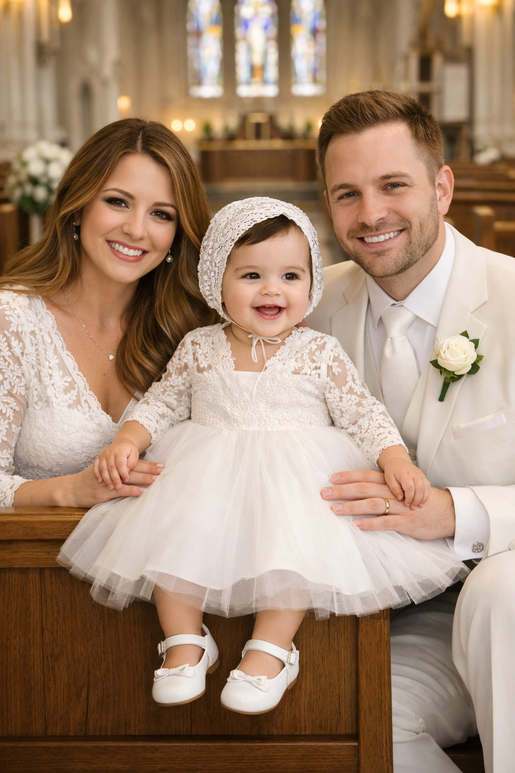Baby Girl Baptism Dress – White Lace Christening Dress with Bonnet & Free Headband | First Birthday & Dedication Outfit