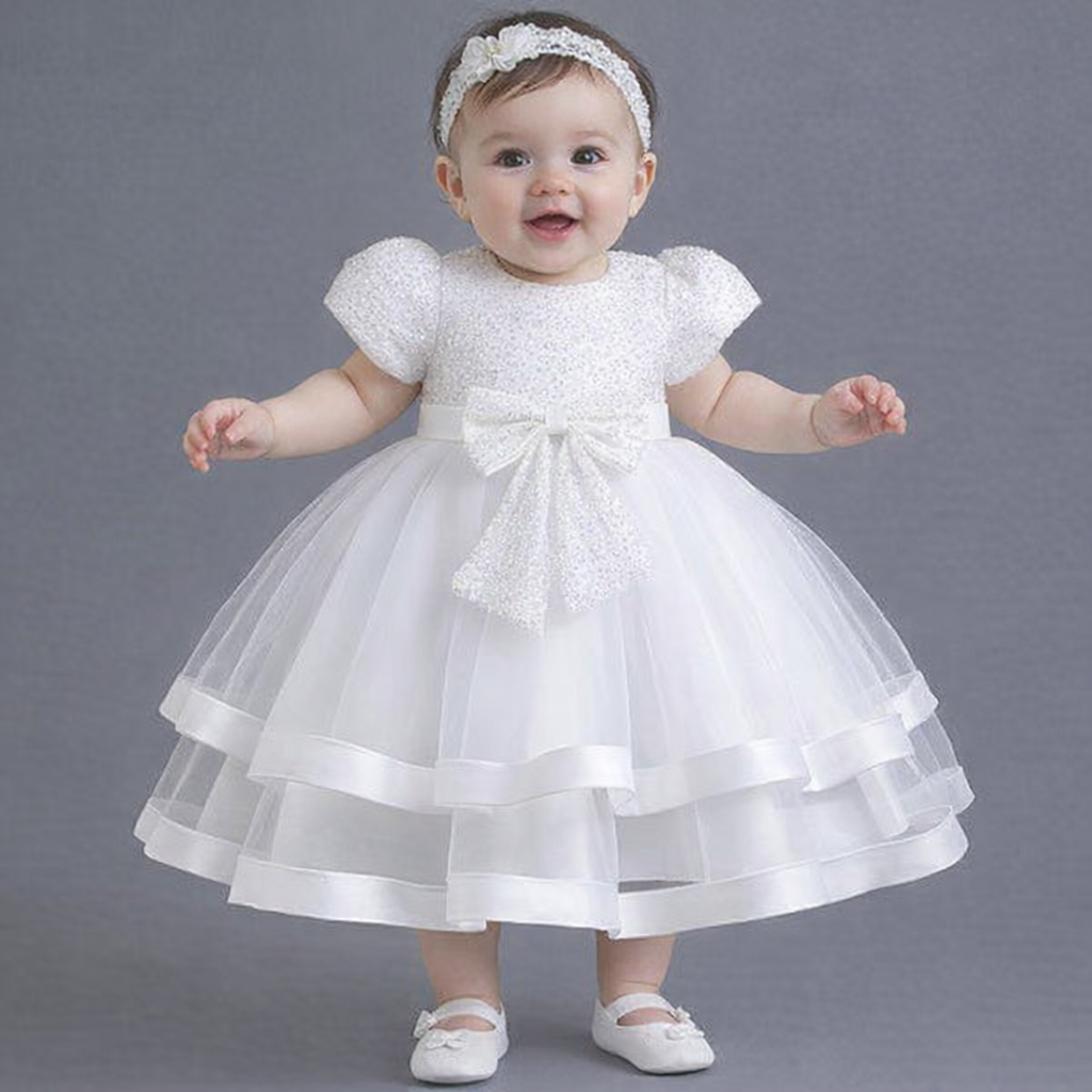 Elegant White & Light Blue Sequin Christening Baptism Dress for Baby Girls – Perfect for Special Occasions