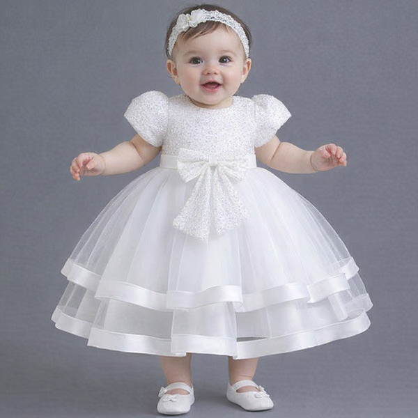 Elegant White & Light Blue Sequin Christening Baptism Dress for Baby Girls – Perfect for Special Occasions