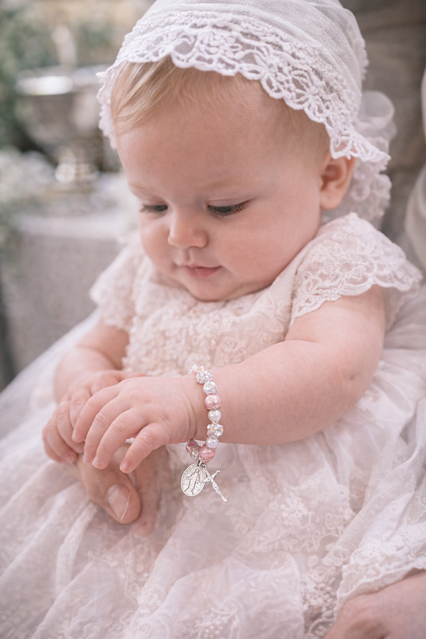 Girls First Communion Bracelet with Pink Beads & Cross Charm