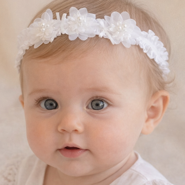 Baby Girl Baptism Dress – White Tulle Christening Gown with Floral Headband | First Birthday Dress