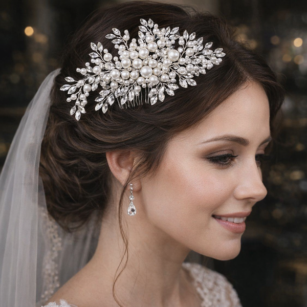 Bridal Hair Comb with Pearls and Crystals – Silver Leaf Vine Wedding Headpiece for Women