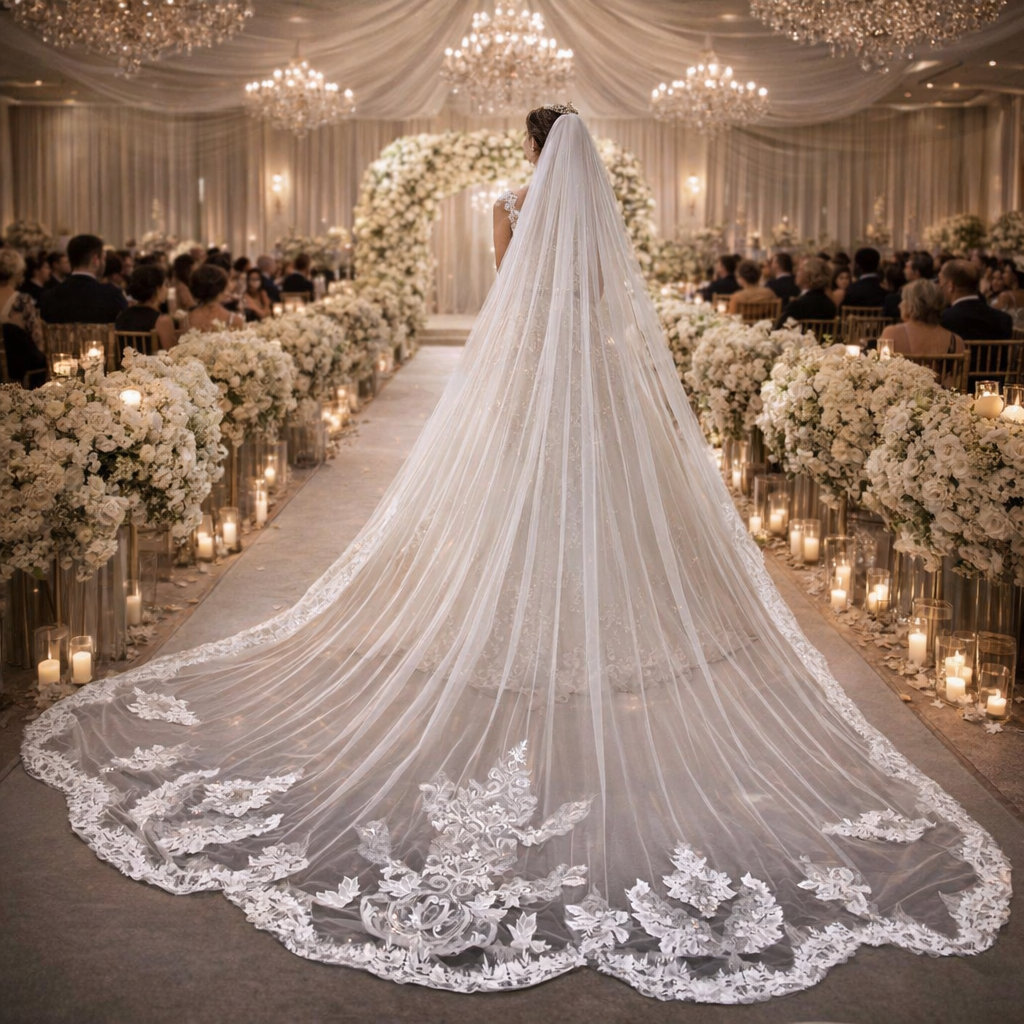 White Lace Wedding Veil – Elegant Bride Accessory for Special Day. This veil includes a stunning hairpiece that beautifully completes the brides overall look