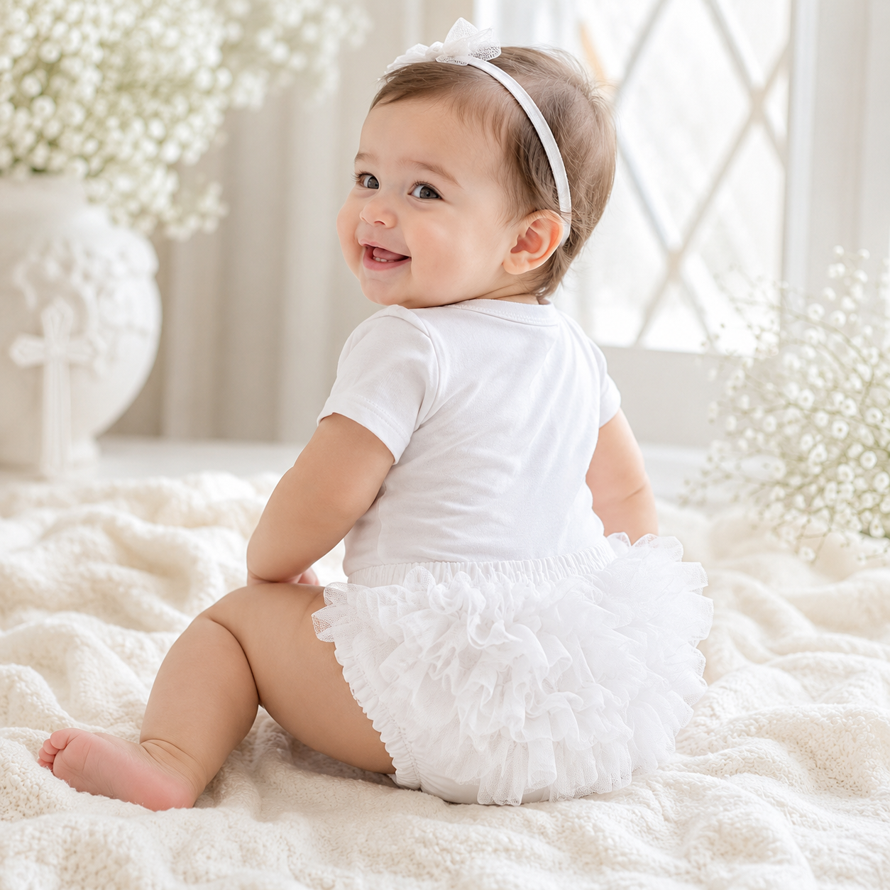 Baby Girl White Ruffle Diaper Cover Bloomers – Baptism, Christening & First Birthday