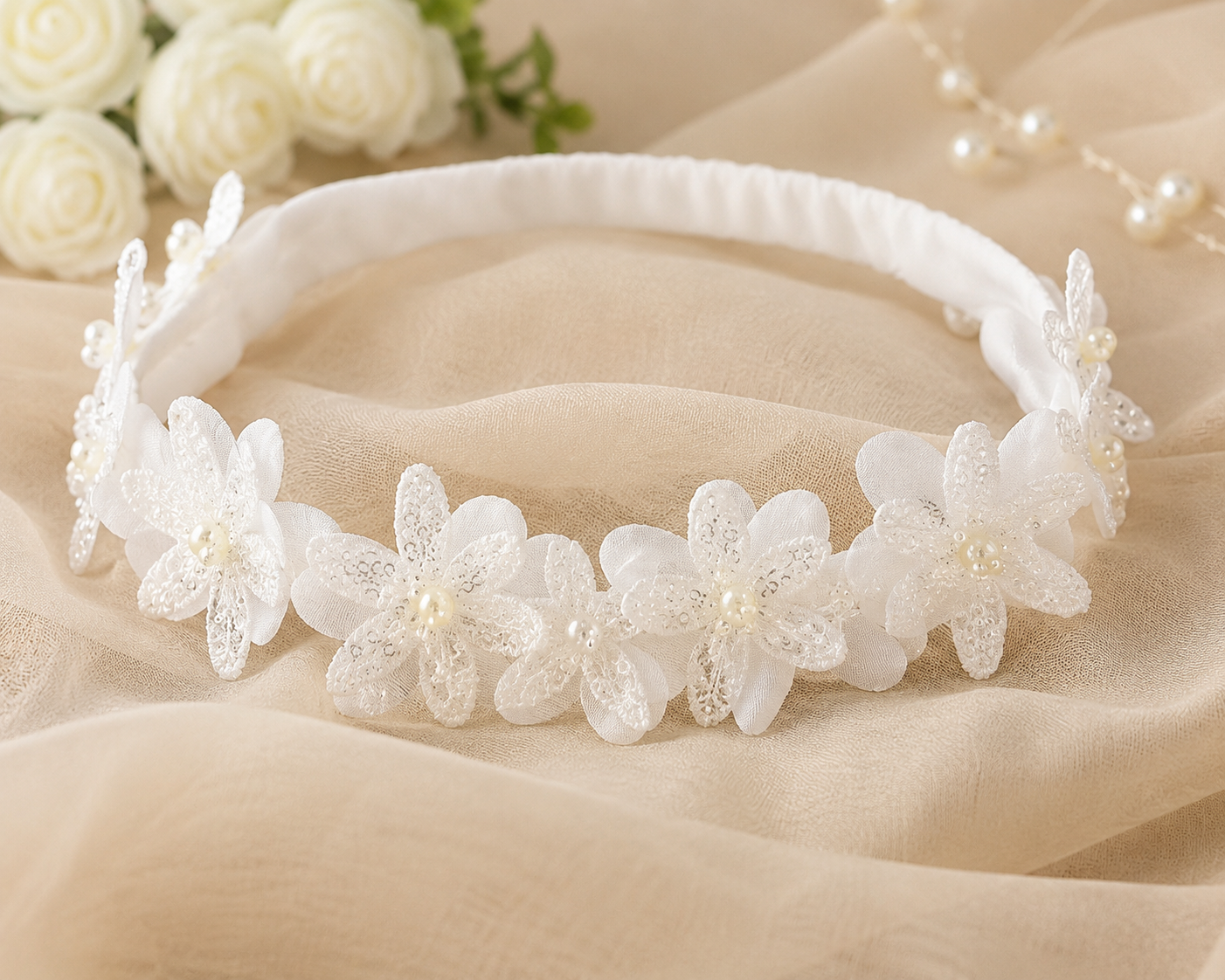 Baby Girl Baptism Headband – White Floral Christening Headband with Pearls