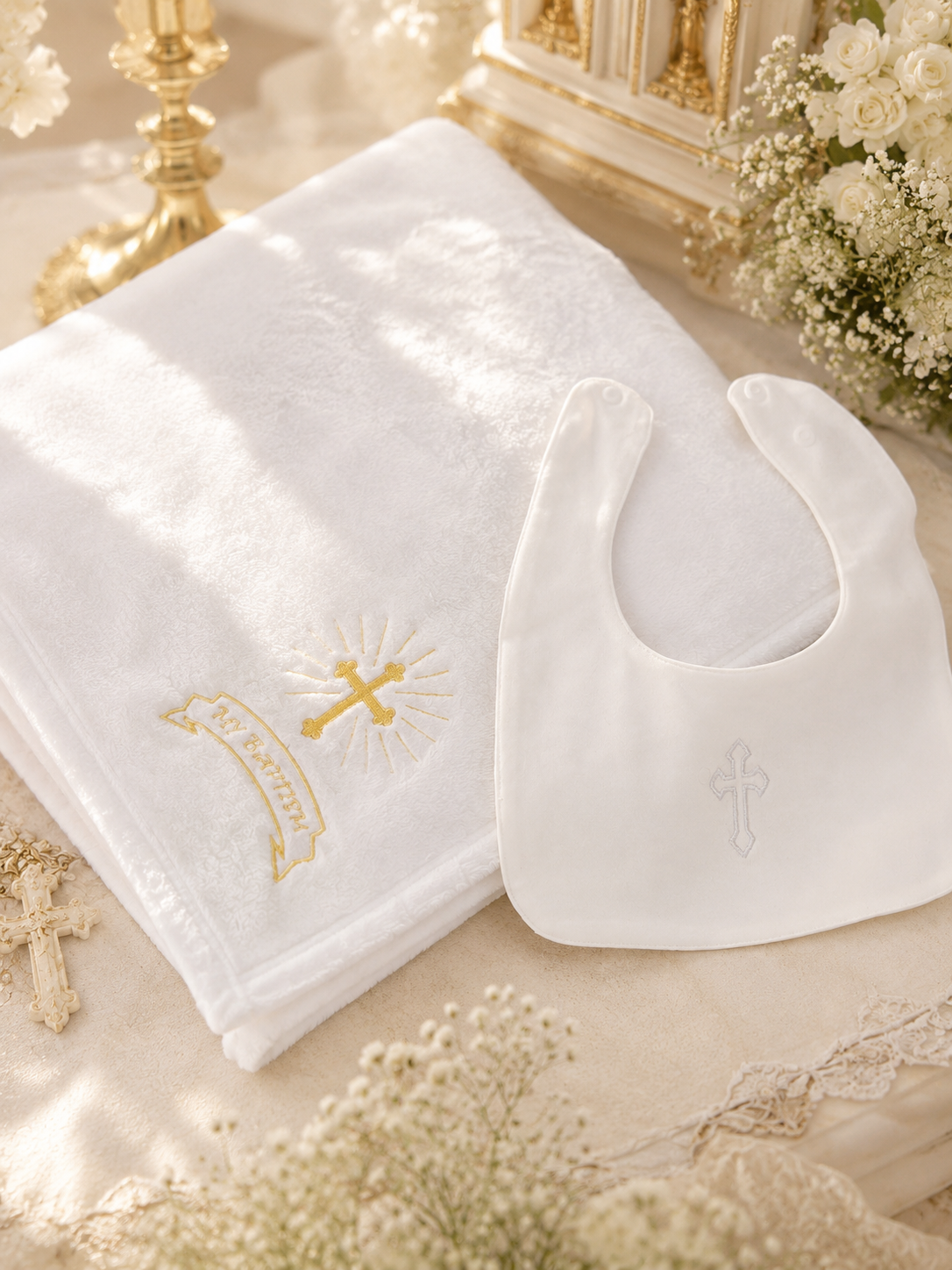 Luxury Baby Baptism Blanket & Bib Set – White Christening Gift for Boys & Girls | Eliana Gift Shop