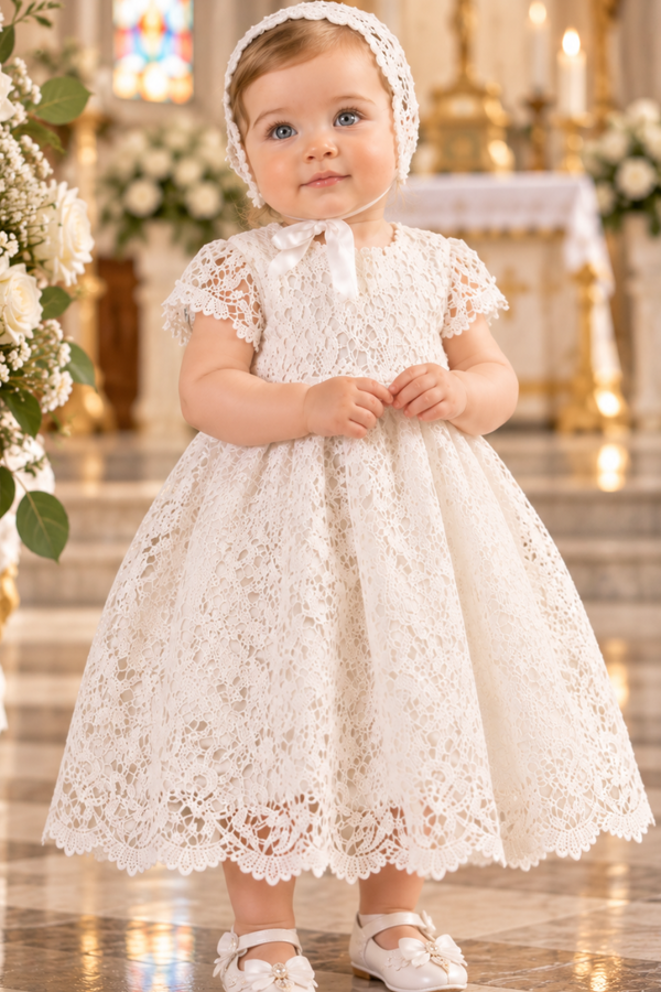 Baby Girl Baptism Dress with Bonnet – White Lace Christening Gown