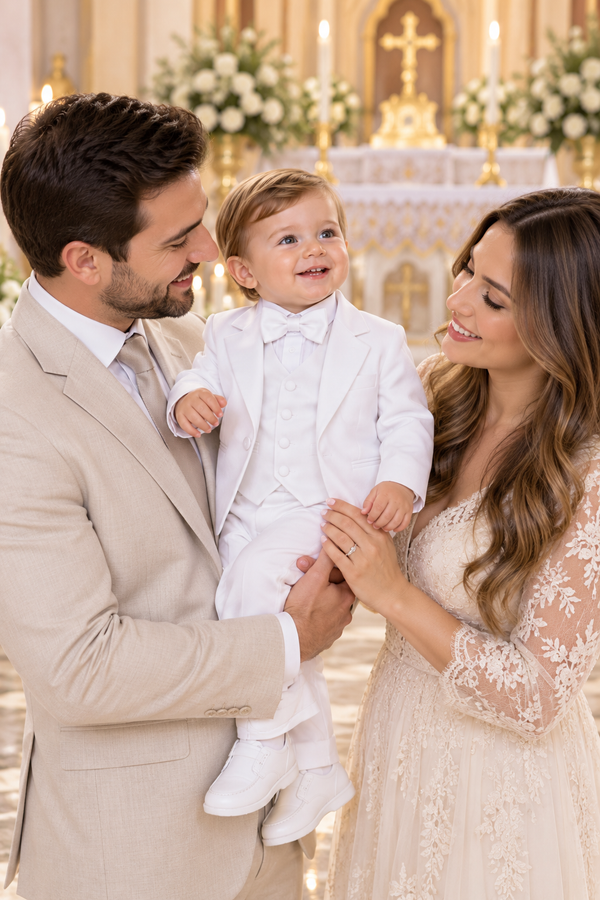 Baby Boy White Baptism Suit with Shoes – 5-Piece Christening Outfit with Jacket, Vest, Bow Tie & Pants