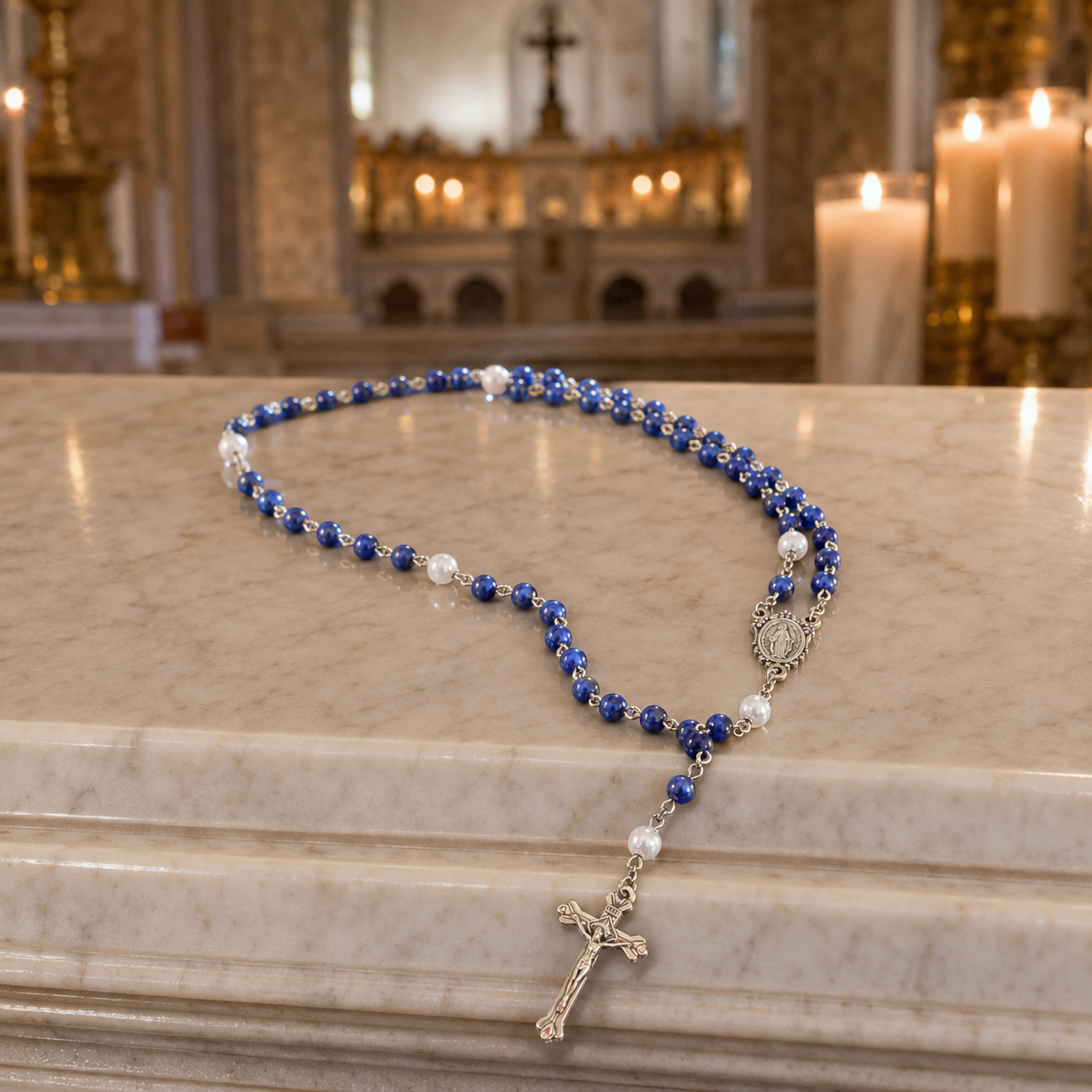 Blue Catholic Rosary for Baptism – Rosary Only or with Virgin Mary Keepsake Box