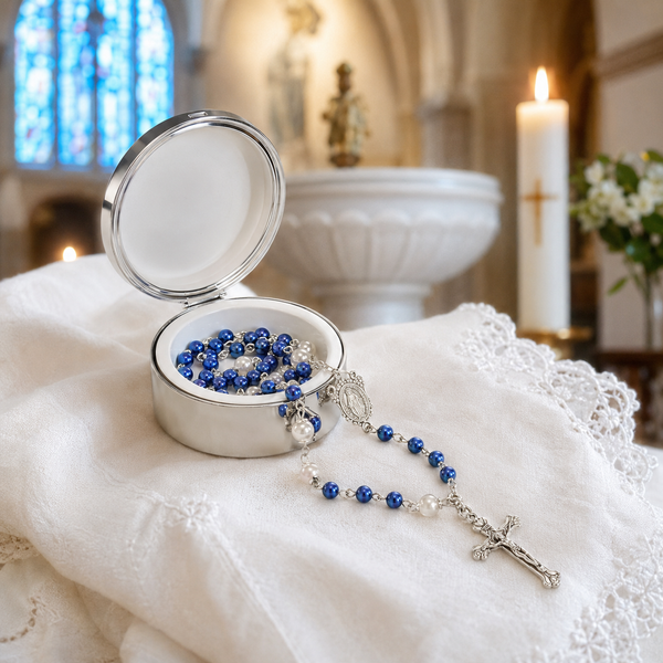 Blue Catholic Rosary for Baptism – Rosary Only or with Virgin Mary Keepsake Box
