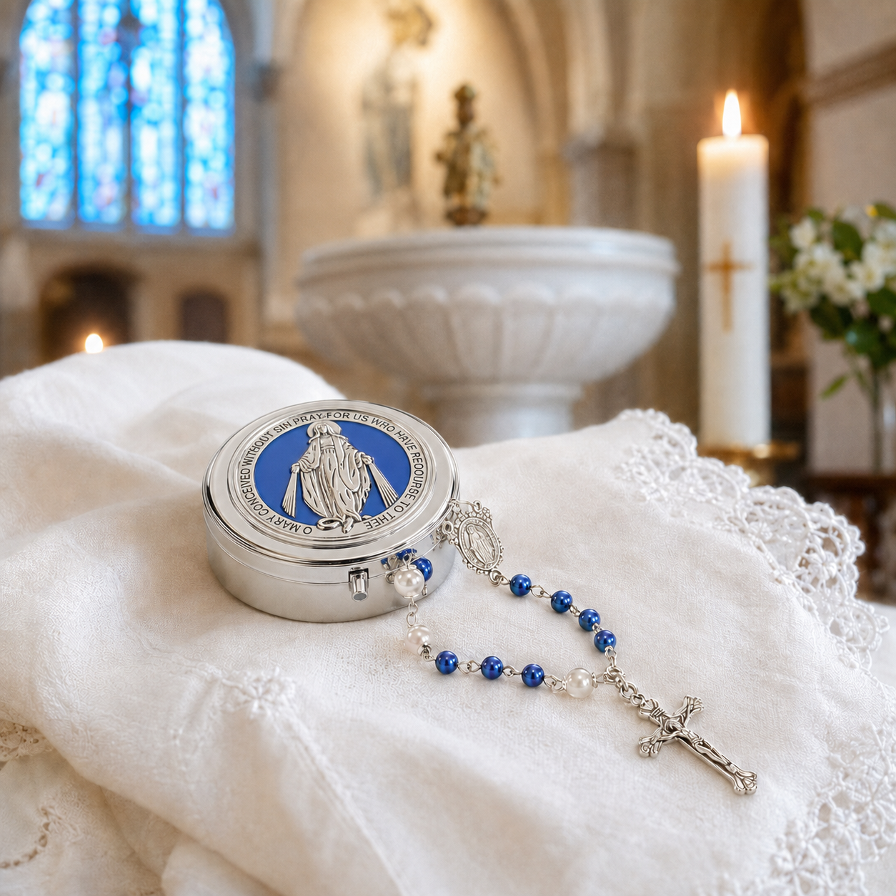 Blue Catholic Rosary for Baptism – Rosary Only or with Virgin Mary Keepsake Box