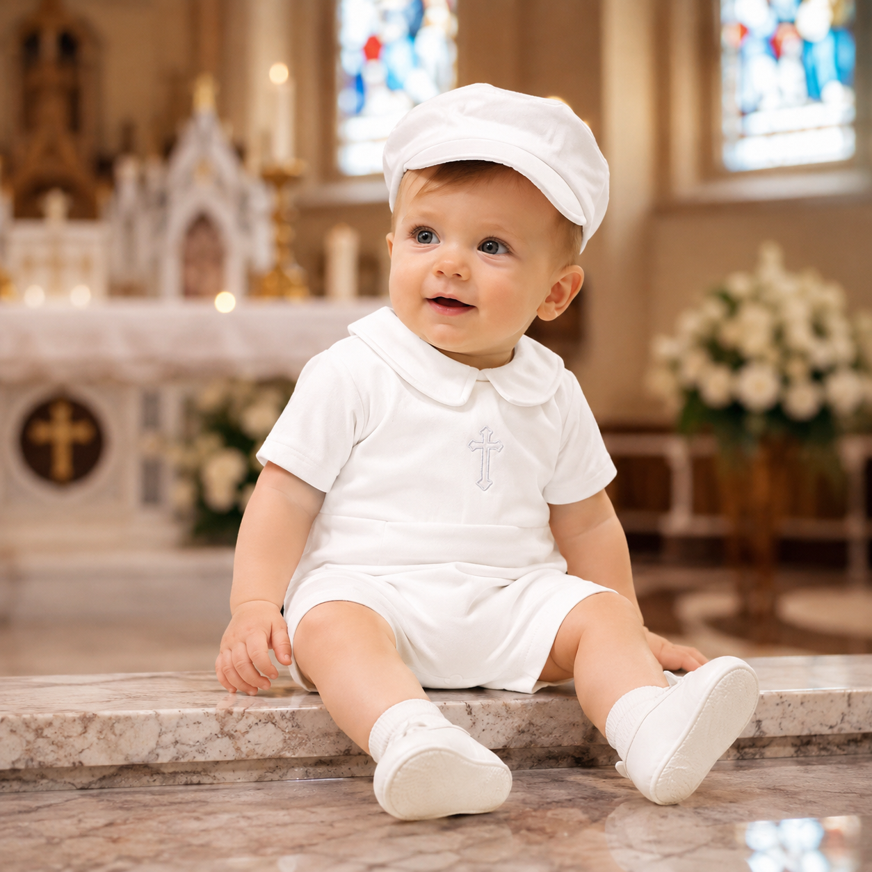 Baby Boy Organic Cotton Christening Outfit – 4-Piece White Baptism Romper Set with Hat, Bib & Socks