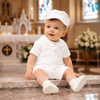 Baby Boy Organic Cotton Christening Outfit – 4-Piece White Baptism Romper Set with Hat, Bib & Socks