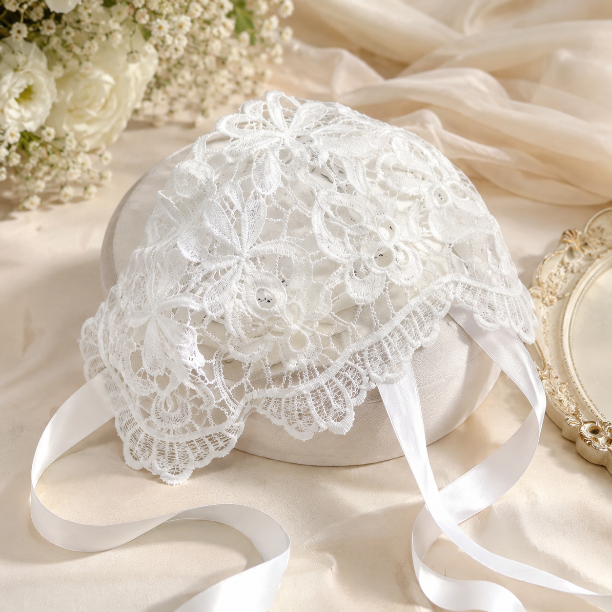 Luxury Baby Girl Baptism Dress with Matching Lace Bonnet | Elegant Christening Gown | Soft Cotton Blend