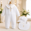Baby Boy Baptism Outfit – 100% Cotton White Christening Romper Set with Hat, Bib & Gold Cross