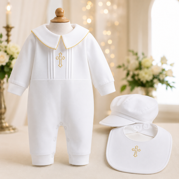 Baby Boy Baptism Outfit – 100% Cotton White Christening Romper Set with Hat, Bib & Gold Cross