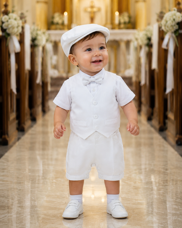 Baby Boy Baptism Outfit | 4-Piece Christening Romper Set with Vest, Hat & FREE Matching Socks | White Formal Outfit for Baptism & Wedding