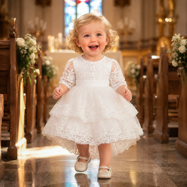 Baby Girl Baptism Dress with Headband & Socks | White Lace Christening Dress