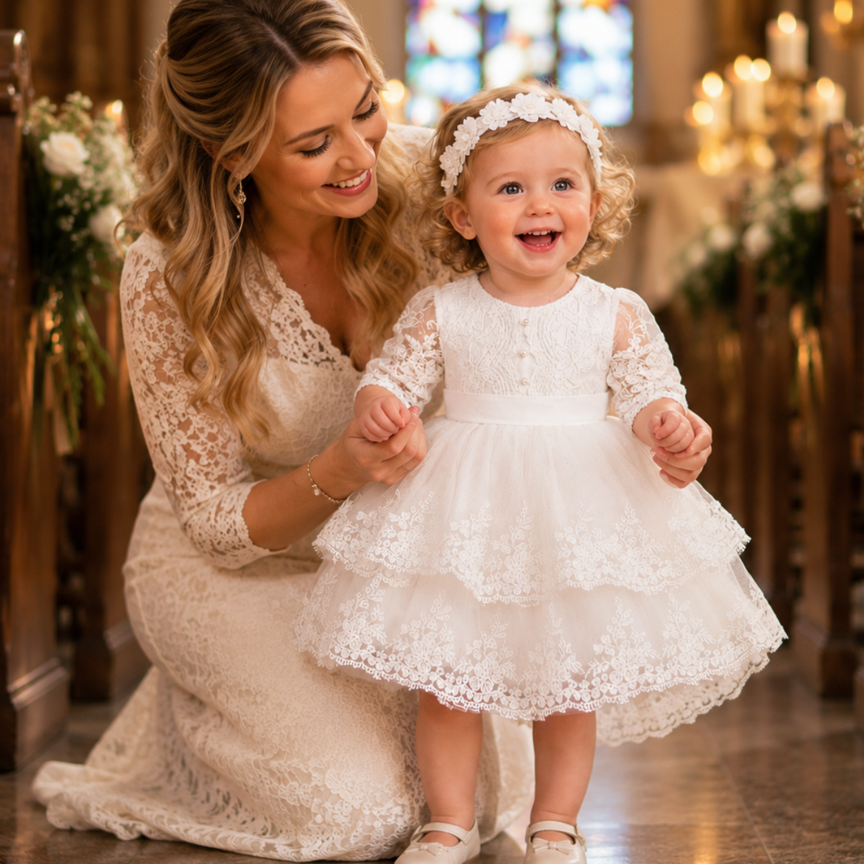 Baby Girl Baptism Dress – White Lace Christening Gown with Headband & Socks