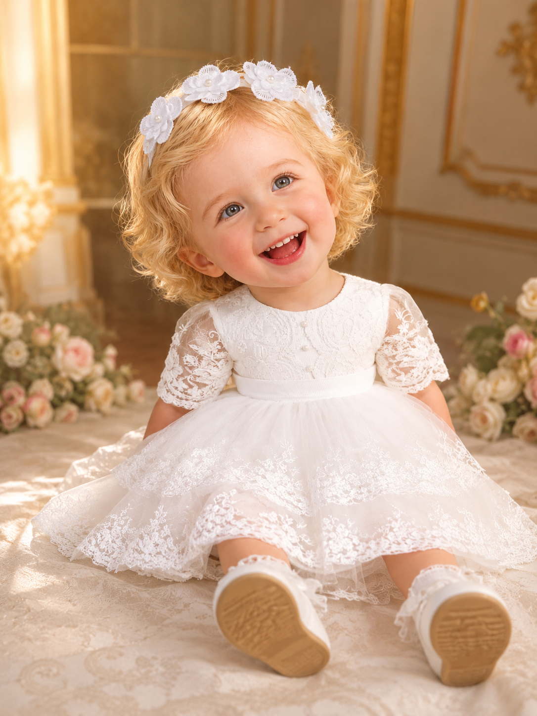Baby Girl Baptism Dress – White Lace Christening Gown with Headband & Socks