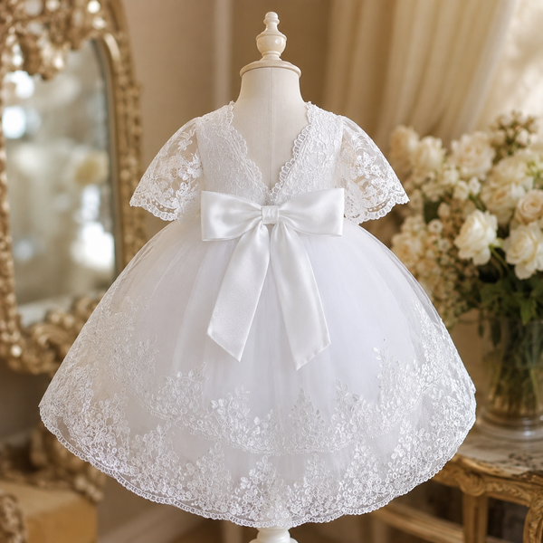 Baby Girl Baptism Dress – White Lace Christening Gown with Headband & Socks
