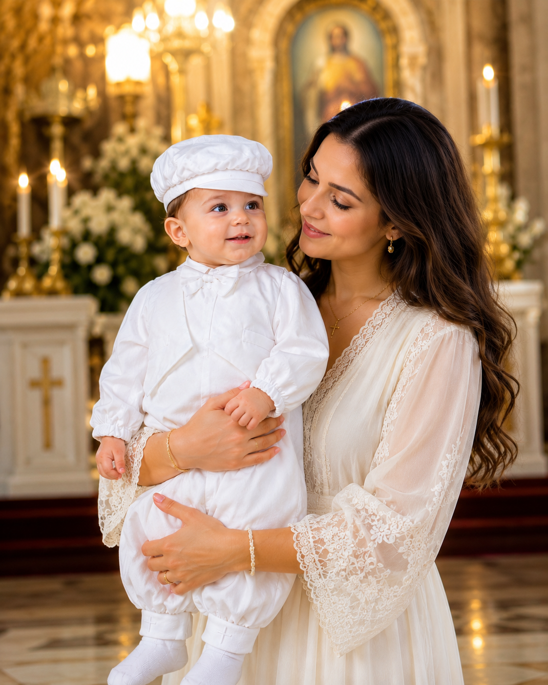 Baby Boy Baptism Outfit with Hat & Free Cross Socks – White Christening Romper Suit for Baptism, Dedication & Special Occasion