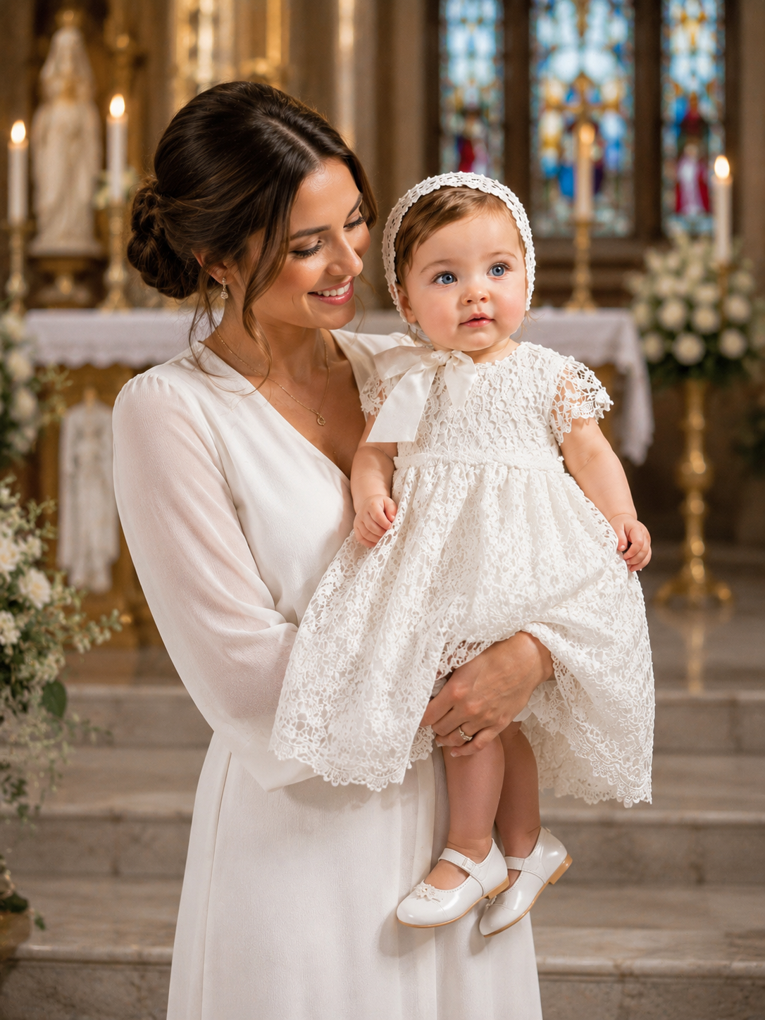 Luxury Baby Girl Baptism Dress with Matching Lace Bonnet | Elegant Christening Gown | Soft Cotton Blend