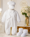 Baby Boy Baptism Outfit with Hat & Free Cross Socks – White Christening Romper Suit for Baptism, Dedication & Special Occasion