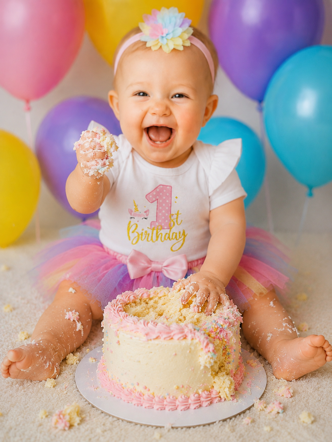 Baby Girl Unicorn First Birthday Outfit – Rainbow Tutu Dress, 1st Birthday Cake Smash Outfit with Headband