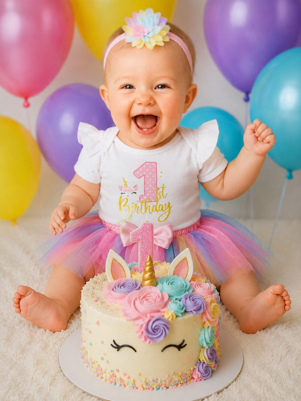 Baby Girl Unicorn First Birthday Outfit – Rainbow Tutu Dress, 1st Birthday Cake Smash Outfit with Headband
