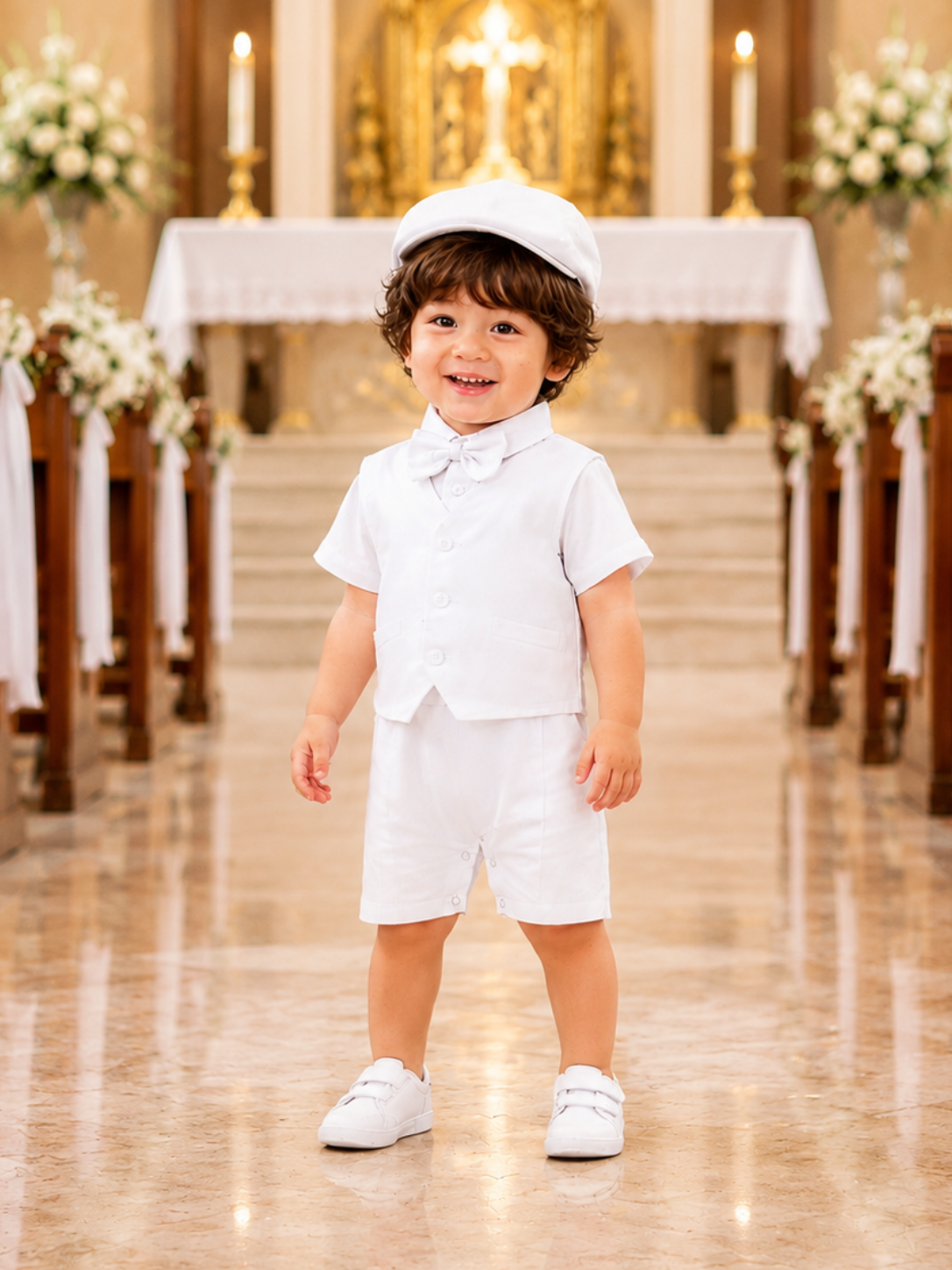 Baby Boy Baptism Outfit | 4-Piece Christening Romper Set with Vest, Hat & FREE Matching Socks | White Formal Outfit for Baptism & Wedding