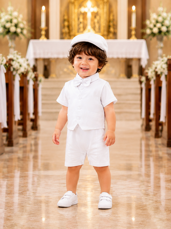 Baby Boy Baptism Outfit | 4-Piece Christening Romper Set with Vest, Hat & FREE Matching Socks | White Formal Outfit for Baptism & Wedding