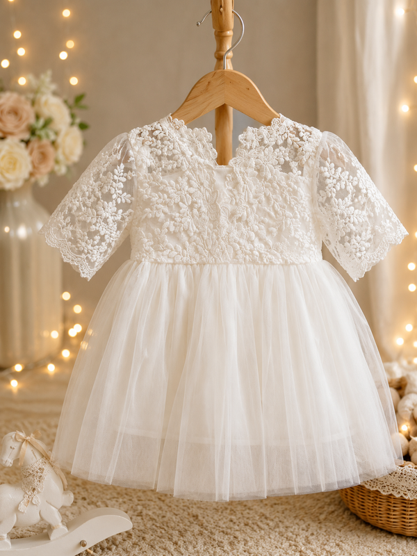 Baby Girl Baptism Dress – White Lace Christening Dress with Bonnet & Free Headband | First Birthday & Dedication Outfit