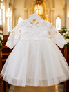 Baby Girl Baptism Dress – White Lace Christening Dress with Bonnet & Free Headband | First Birthday & Dedication Outfit