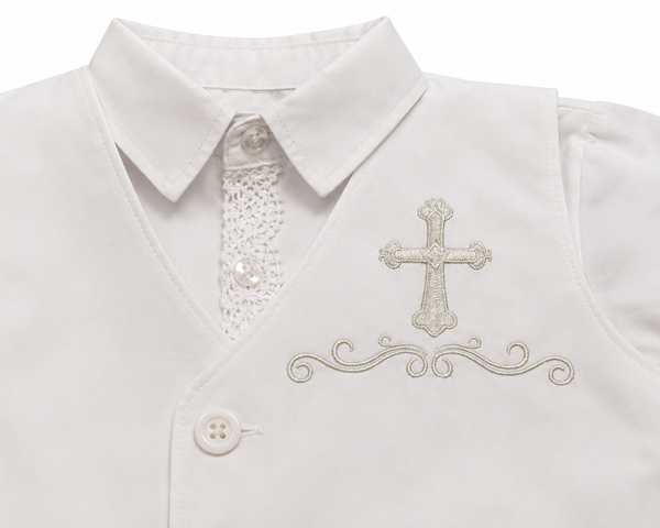 Luxury White Baby Boy Baptism Outfit Set with Shoes, Hat & Embroidered Cross Vest | Elegant Christening Suit