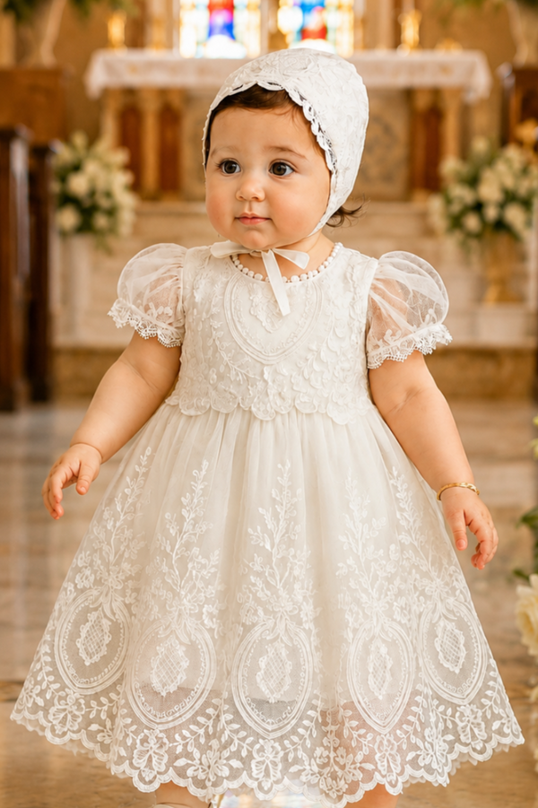white dress christening Kristina Gown & Bonnet Secured on the back with buttons and a silk ribbon sash for an easy fit Baby Girl Premium Embroidered Christening